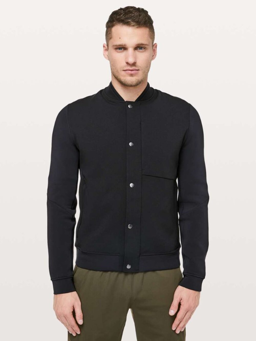 Lululemon Sojourn Bomber Jacket Mens Medium Warpstreme Black Snap Front